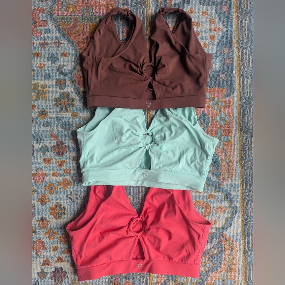 Brown, Mint, and Coral Knot-Front Sports Bras - Size Large